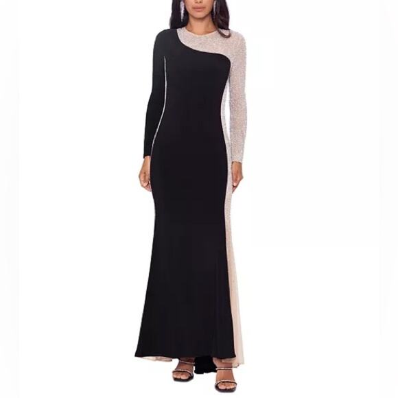 XSCAPE Petite Women's Two-Tone Long-Sleeve Jersey-Knit Gown Black Sz 16P NWT - Picture 1 of 8